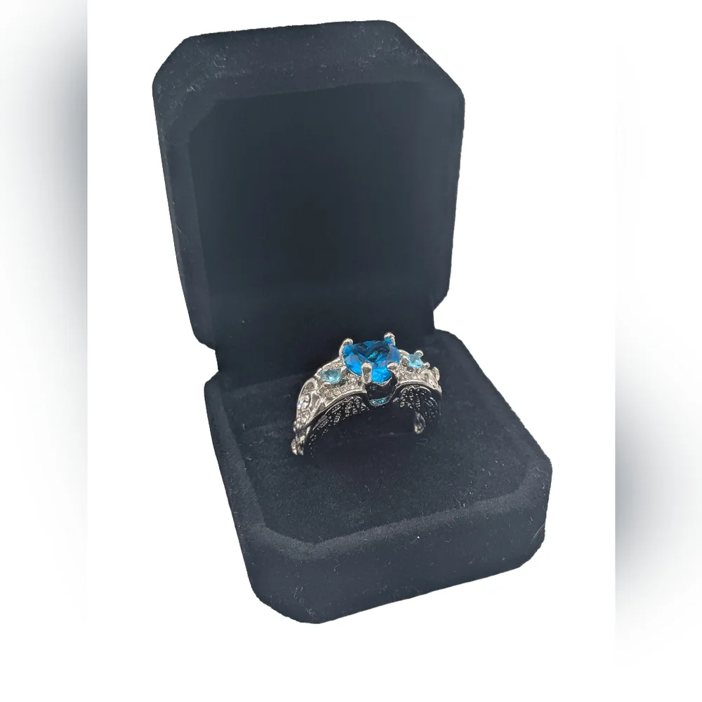 Blue Heart CZ Angel Wing Ring Silver Tone Size 9.25 Statement Promise Ring